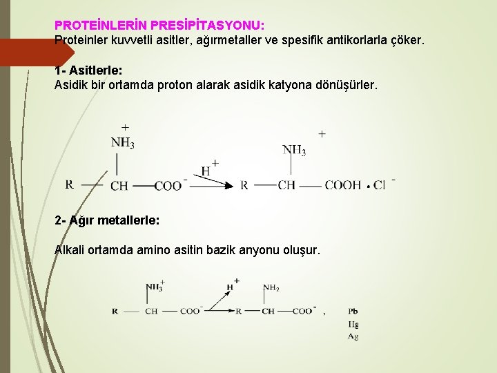 PROTEİNLERİN PRESİPİTASYONU: Proteinler kuvvetli asitler, ağırmetaller ve spesifik antikorlarla çöker. 1 - Asitlerle: Asidik