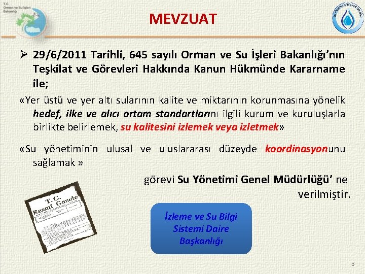 MEVZUAT Ø 29/6/2011 Tarihli, 645 sayılı Orman ve Su İşleri Bakanlığı’nın Teşkilat ve Görevleri