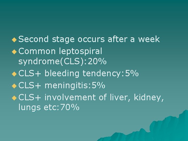 u Second stage occurs after a week u Common leptospiral syndrome(CLS): 20% u CLS+