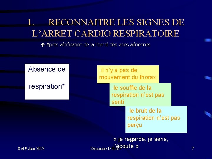 1. RECONNAITRE LES SIGNES DE L’ARRET CARDIO RESPIRATOIRE Après vérification de la liberté des