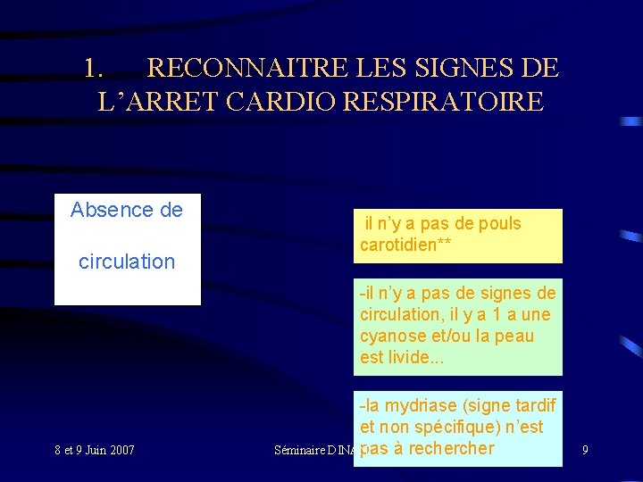 1. RECONNAITRE LES SIGNES DE L’ARRET CARDIO RESPIRATOIRE Absence de il n’y a pas
