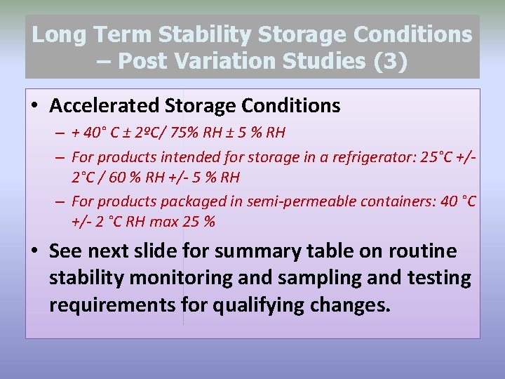 Long Term Stability Storage Conditions – Post Variation Studies (3) • Accelerated Storage Conditions