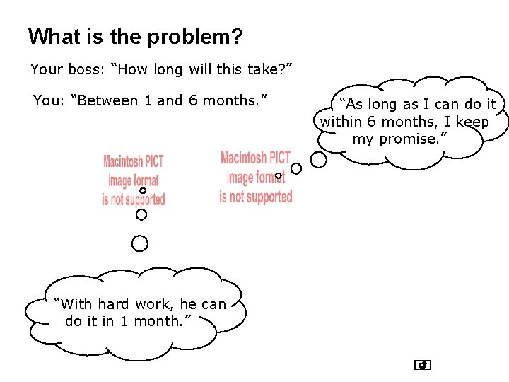 What is the problem? Your boss: “How long will this take? ” You: “Between