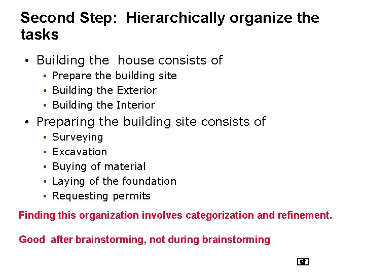 Second Step: Hierarchically organize the tasks • Building the house consists of • Prepare