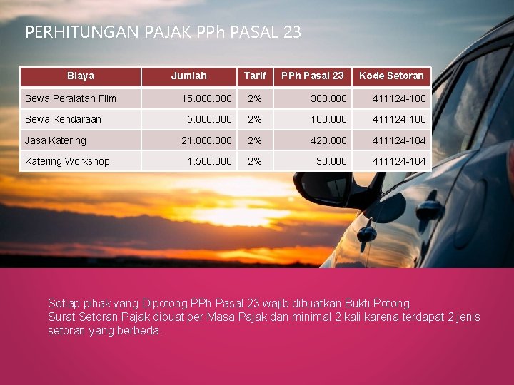 PERHITUNGAN PAJAK PPh PASAL 23 Biaya Sewa Peralatan Film Sewa Kendaraan Jasa Katering Workshop