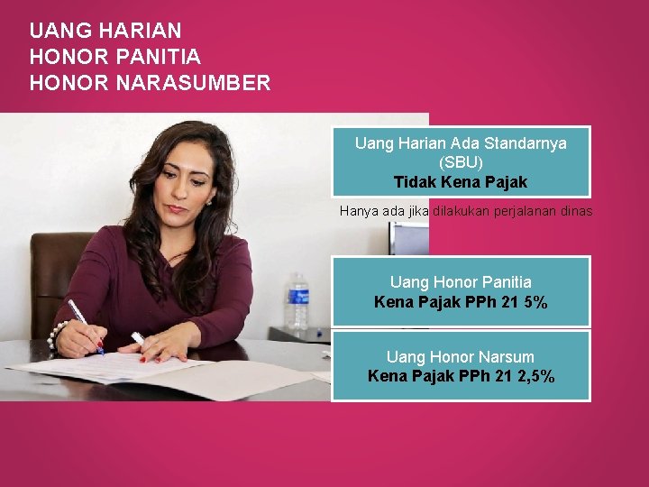 UANG HARIAN HONOR PANITIA HONOR NARASUMBER Uang Harian Ada Standarnya (SBU) Tidak Kena Pajak