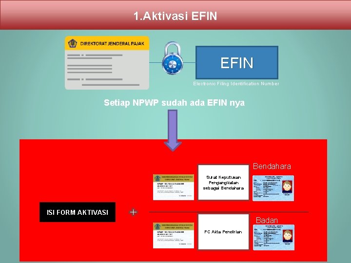 1. Aktivasi EFIN Electronic Filing Identification Number Setiap NPWP sudah ada EFIN nya Bendahara