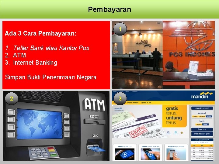 Pembayaran Ada 3 Cara Pembayaran: 1 1. Teller Bank atau Kantor Pos 2. ATM