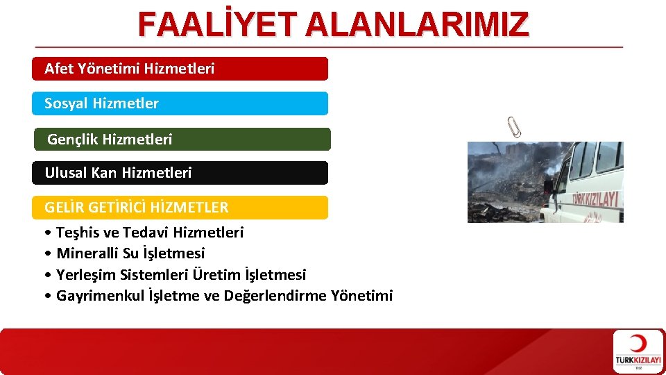 FAALİYET ALANLARIMIZ Afet Yönetimi Hizmetleri Sosyal Hizmetler Gençlik Hizmetleri Ulusal Kan Hizmetleri GELİR GETİRİCİ