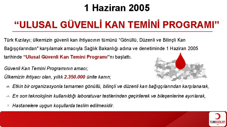 1 Haziran 2005 “ULUSAL GÜVENLİ KAN TEMİNİ PROGRAMI” Türk Kızılayı; ülkemizin güvenli kan ihtiyacının