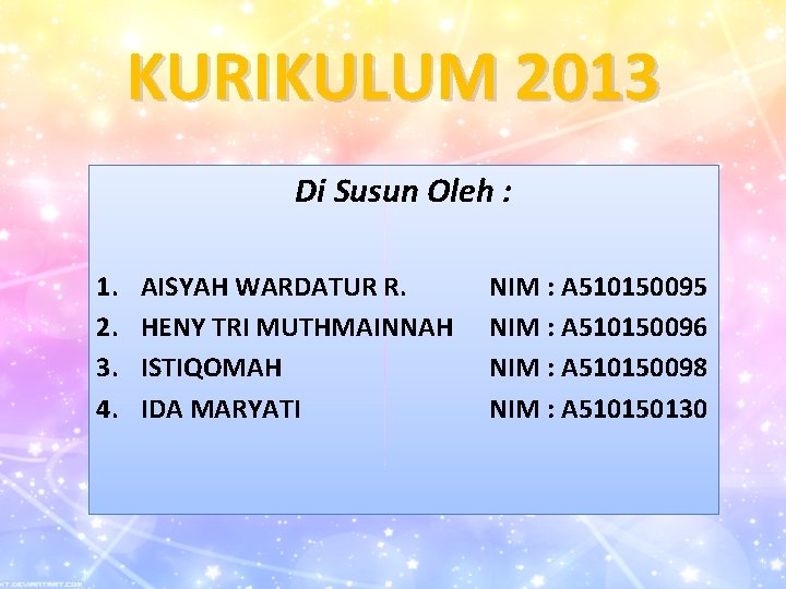 KURIKULUM 2013 Di Susun Oleh : 1. 2. 3. 4. AISYAH WARDATUR R. HENY