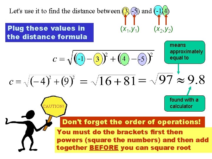 Let's use it to find the distance between (3, -5) and (-1, 4) Plug