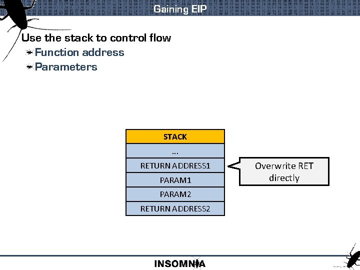 Gaining EIP Use the stack to control flow Function address Parameters STACK. . .