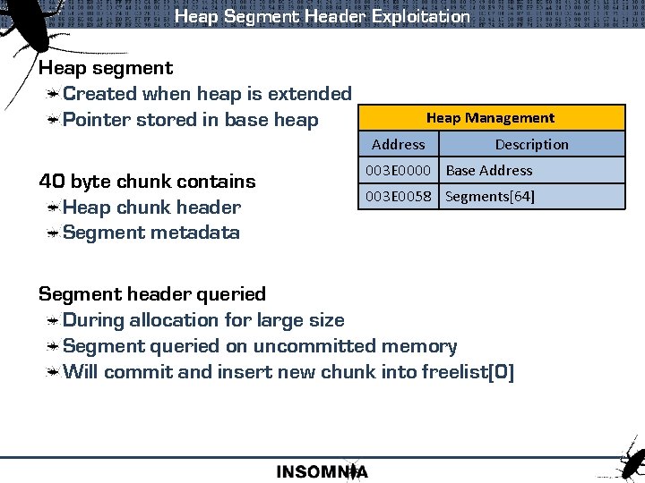 Heap Segment Header Exploitation Heap segment Created when heap is extended Pointer stored in