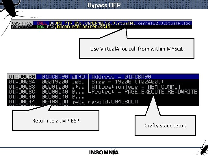 Bypass DEP Use Virtual. Alloc call from within MYSQL Return to a JMP ESP