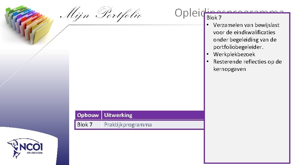 Opleidingsprogramma Blok 7 Opbouw Uitwerking Blok 1 3 modules + eindopdracht + portfolio Blok