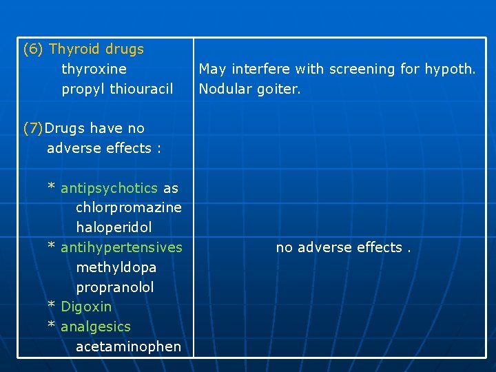 (6) Thyroid drugs thyroxine propyl thiouracil May interfere with screening for hypoth. Nodular goiter.