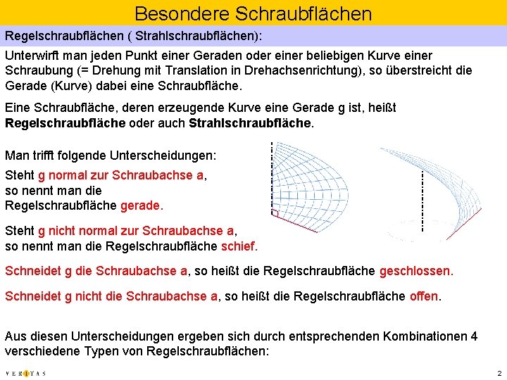 Besondere Schraubflächen Regelschraubflächen ( Strahlschraubflächen): Unterwirft man jeden Punkt einer Geraden oder einer beliebigen