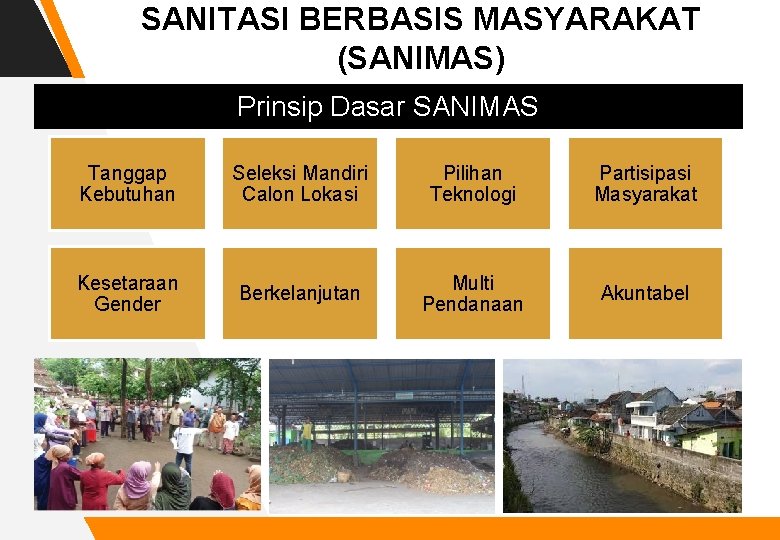 SANITASI BERBASIS MASYARAKAT (SANIMAS) Prinsip Dasar SANIMAS Tanggap Kebutuhan Seleksi Mandiri Calon Lokasi Pilihan