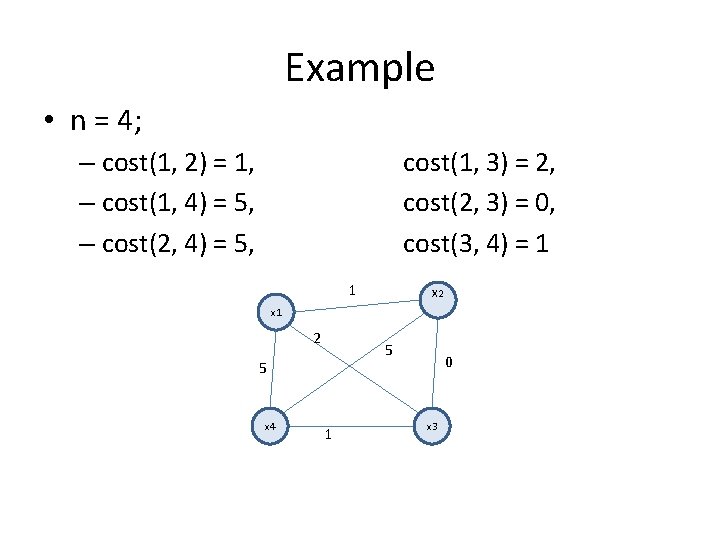 Example • n = 4; – cost(1, 2) = 1, – cost(1, 4) =