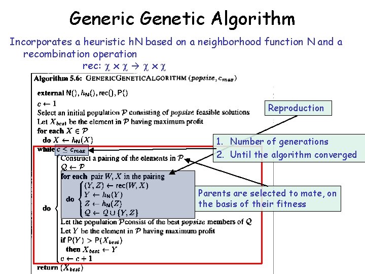 Generic Genetic Algorithm Incorporates a heuristic h. N based on a neighborhood function N