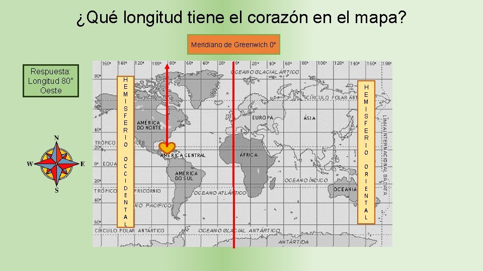 ¿Qué longitud tiene el corazón en el mapa? Meridiano de Greenwich 0° Respuesta: Longitud