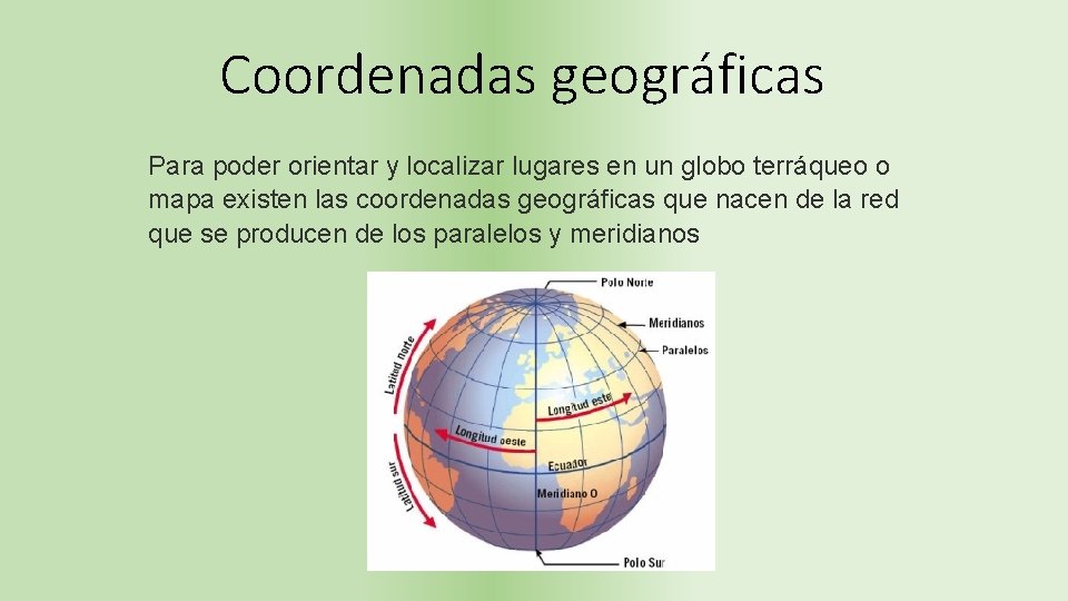 Coordenadas geográficas Para poder orientar y localizar lugares en un globo terráqueo o mapa