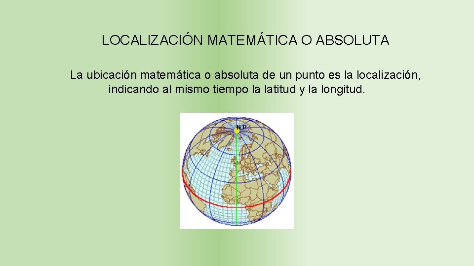 LOCALIZACIÓN MATEMÁTICA O ABSOLUTA La ubicación matemática o absoluta de un punto es la