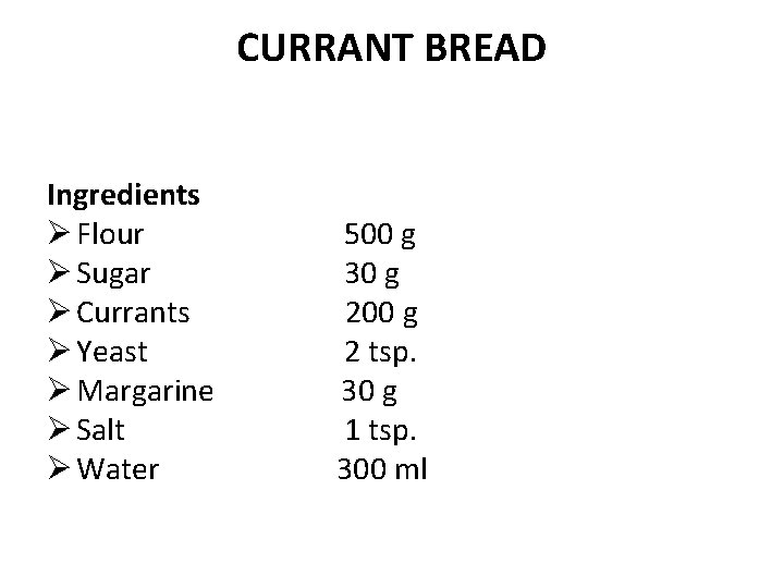 CURRANT BREAD Ingredients Ø Flour Ø Sugar Ø Currants Ø Yeast Ø Margarine Ø