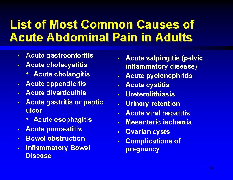 List of Most Common Causes of Acute Abdominal Pain in Adults • • Acute