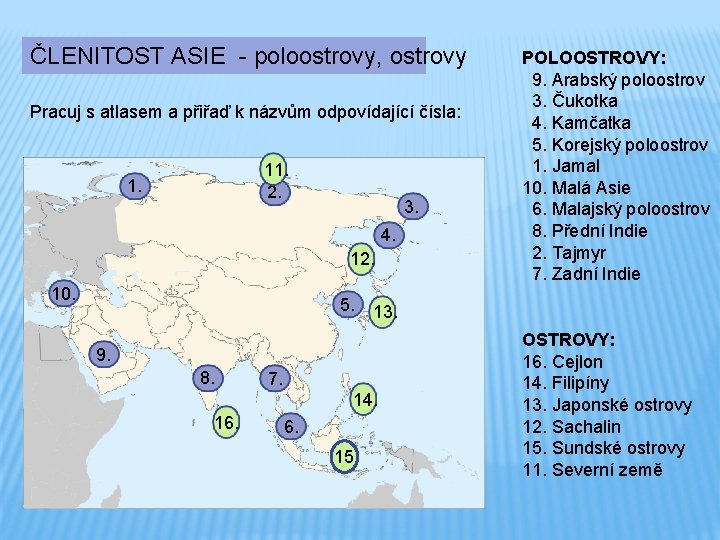 ČLENITOST ASIE - poloostrovy, ostrovy Pracuj s atlasem a přiřaď k názvům odpovídající čísla: