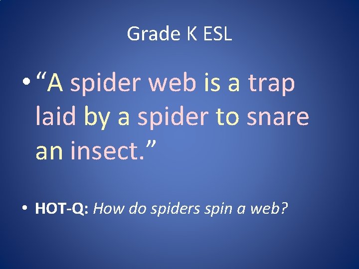 Grade K ESL • “A spider web is a trap laid by a spider