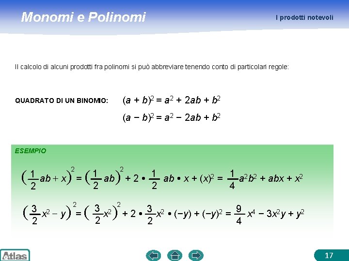 Monomi e Polinomi I prodotti notevoli Il calcolo di alcuni prodotti fra polinomi si