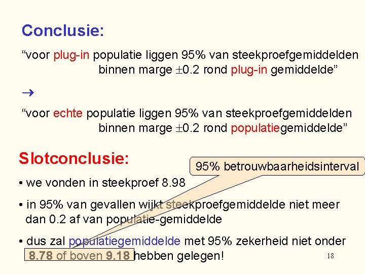 Conclusie: “voor plug-in populatie liggen 95% van steekproefgemiddelden binnen marge 0. 2 rond plug-in