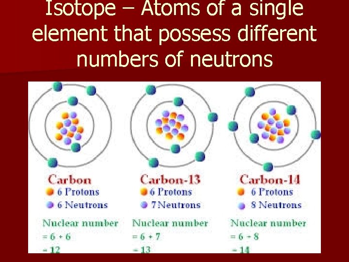 Isotope – Atoms of a single element that possess different numbers of neutrons 