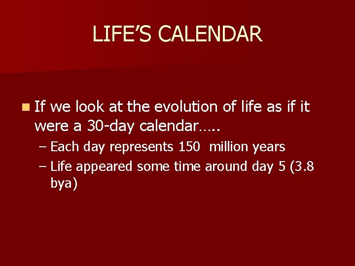LIFE’S CALENDAR n If we look at the evolution of life as if it