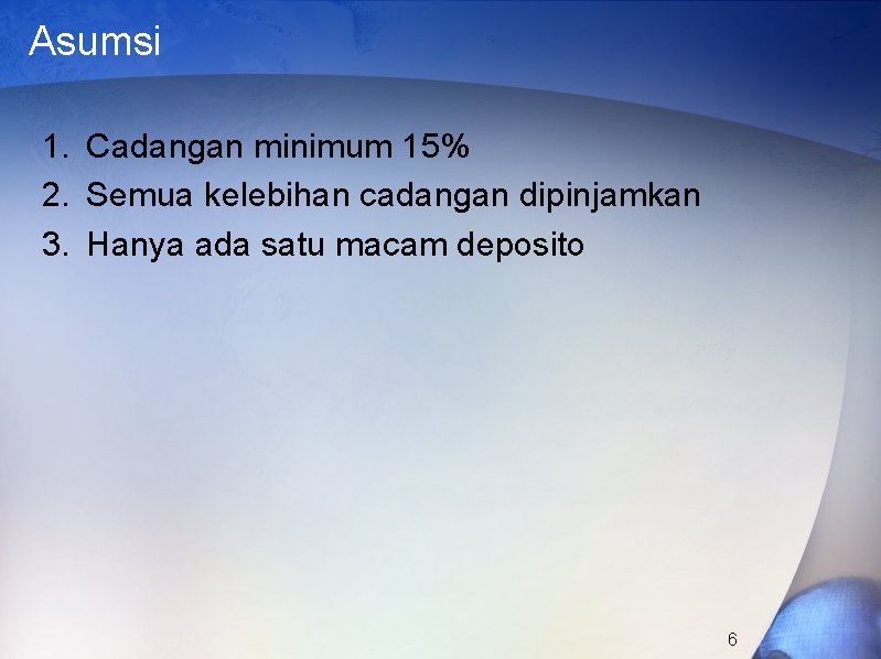 Asumsi 1. Cadangan minimum 15% 2. Semua kelebihan cadangan dipinjamkan 3. Hanya ada satu