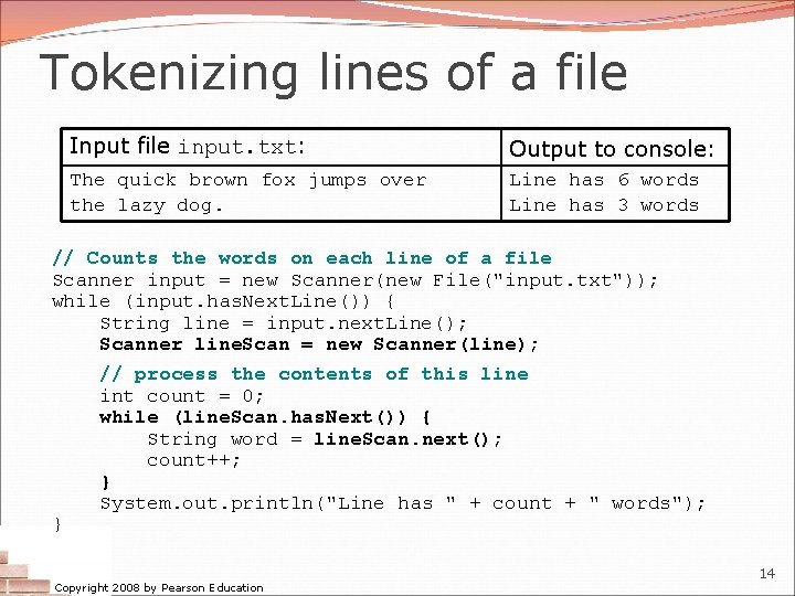 Tokenizing lines of a file Input file input. txt: Output to console: The quick