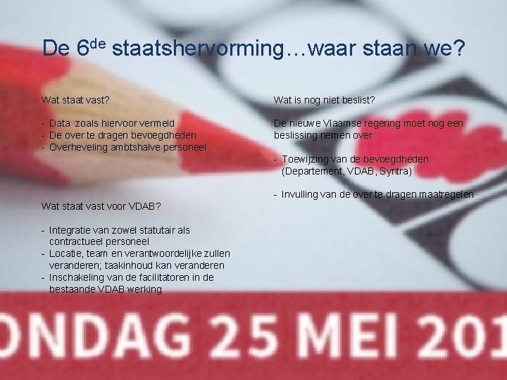 De 6 de staatshervorming…waar staan we? Wat staat vast? Wat is nog niet beslist?