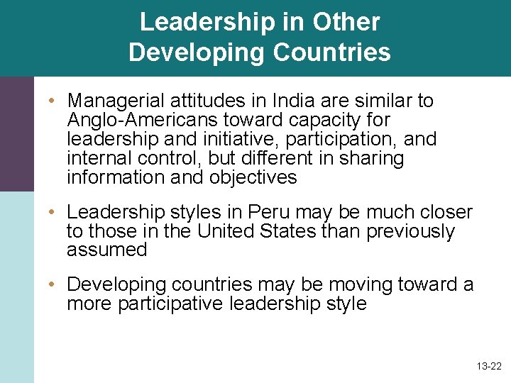 Leadership in Other Developing Countries • Managerial attitudes in India are similar to Anglo-Americans