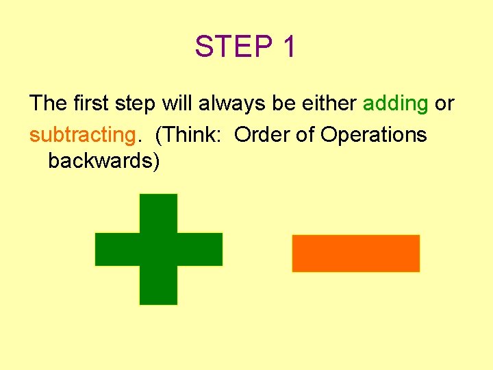 STEP 1 The first step will always be either adding or subtracting. (Think: Order