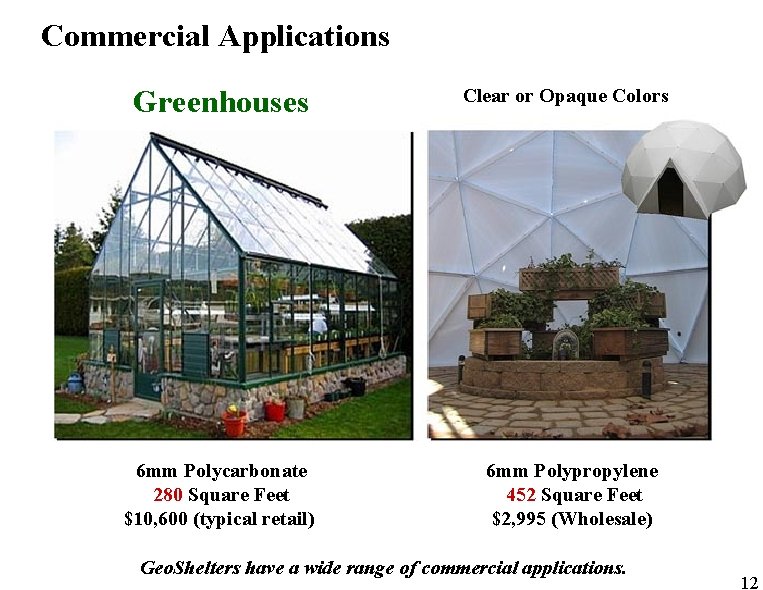 Commercial Applications Greenhouses 6 mm Polycarbonate 280 Square Feet $10, 600 (typical retail) Clear