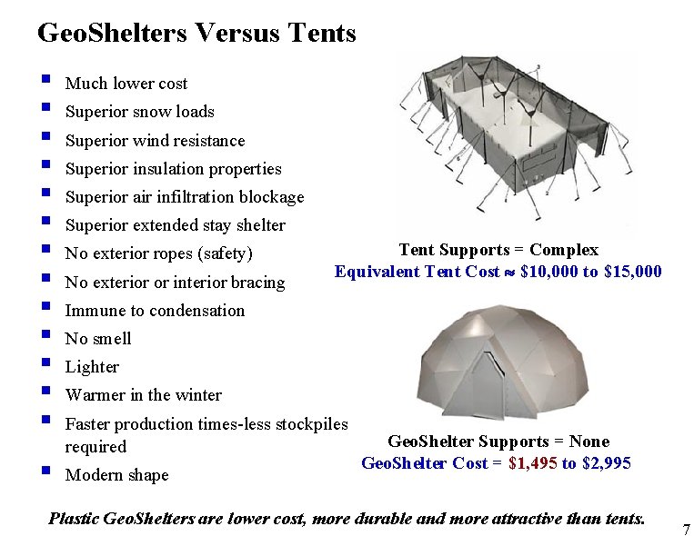 Geo. Shelters Versus Tents § § § § Much lower cost § Modern shape