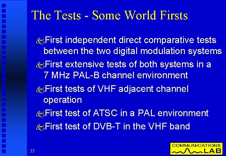 The Tests - Some World Firsts k. First independent direct comparative tests between the