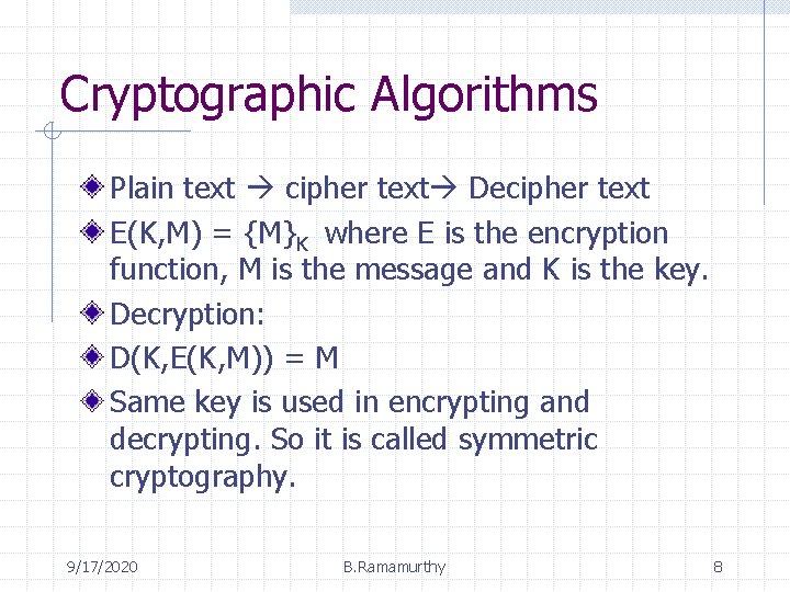 Cryptographic Algorithms Plain text cipher text Decipher text E(K, M) = {M}K where E