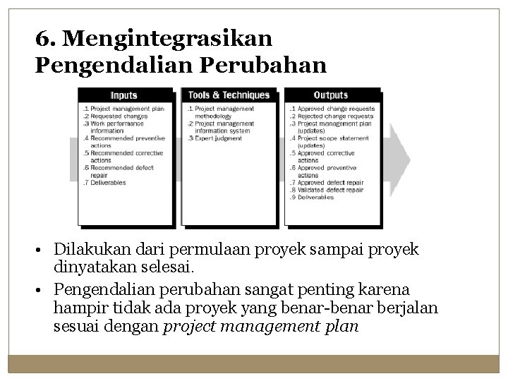 6. Mengintegrasikan Pengendalian Perubahan • Dilakukan dari permulaan proyek sampai proyek dinyatakan selesai. •