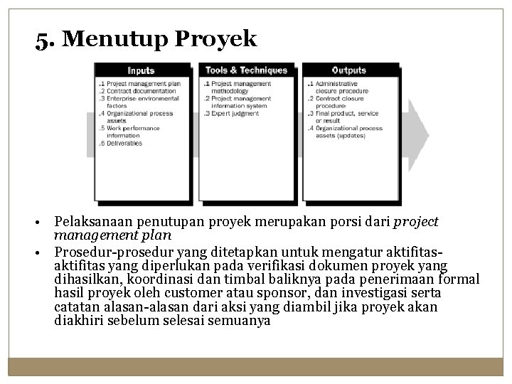 5. Menutup Proyek • Pelaksanaan penutupan proyek merupakan porsi dari project management plan •