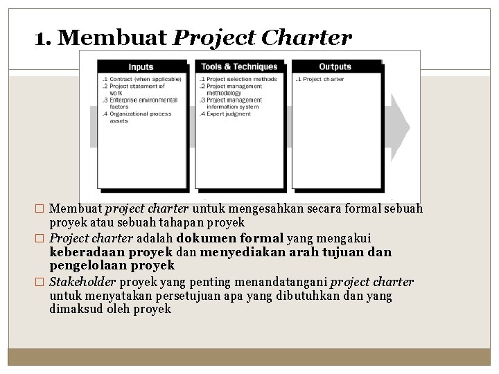 1. Membuat Project Charter � Membuat project charter untuk mengesahkan secara formal sebuah proyek