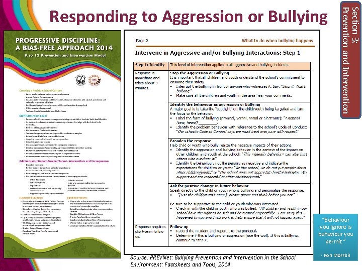 Section 3: Prevention and Intervention Responding to Aggression or Bullying “Behaviour you ignore is