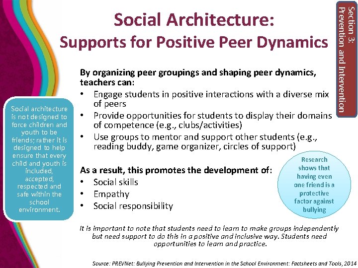 Supports for Positive Peer Dynamics Social architecture is not designed to force children and